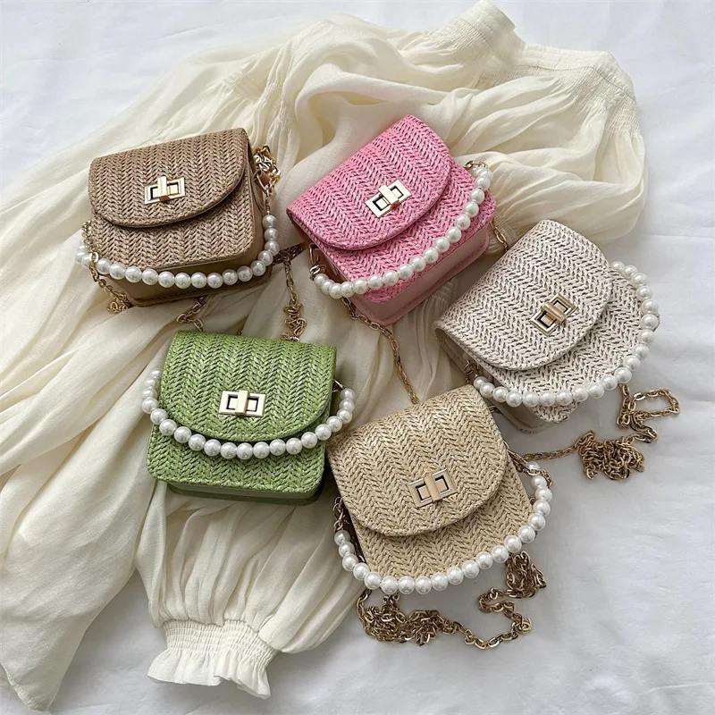 Mini Straw Braided Pearl Chain Shoulder Crossbody Bag Vintage Custom Designer Handbag Summer Fashion Bags For Ladies Girls