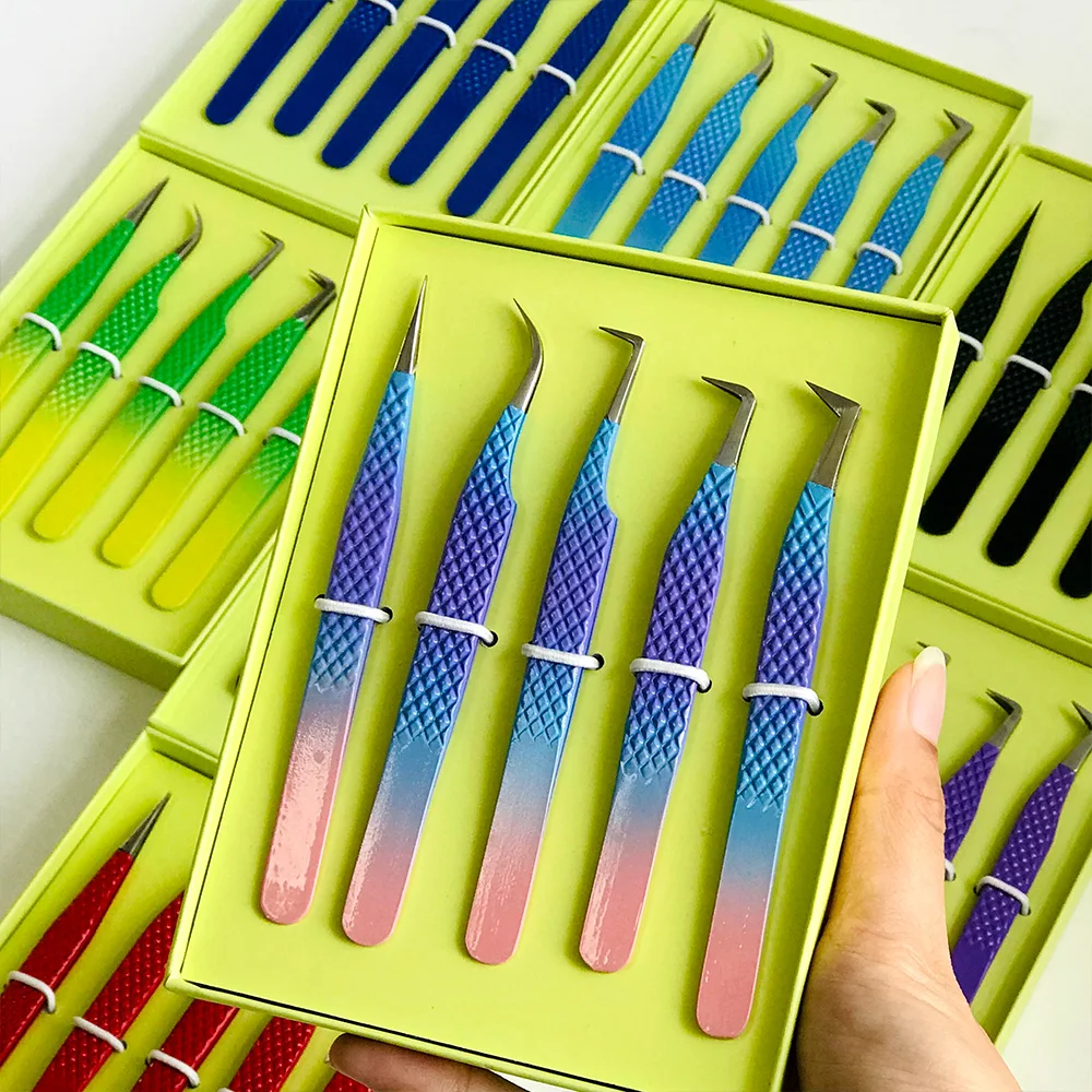 Custom Logo Micro Grip Tweezer Volume Eyelash Extension Tweezers Fiber Tip Tweezers With Box