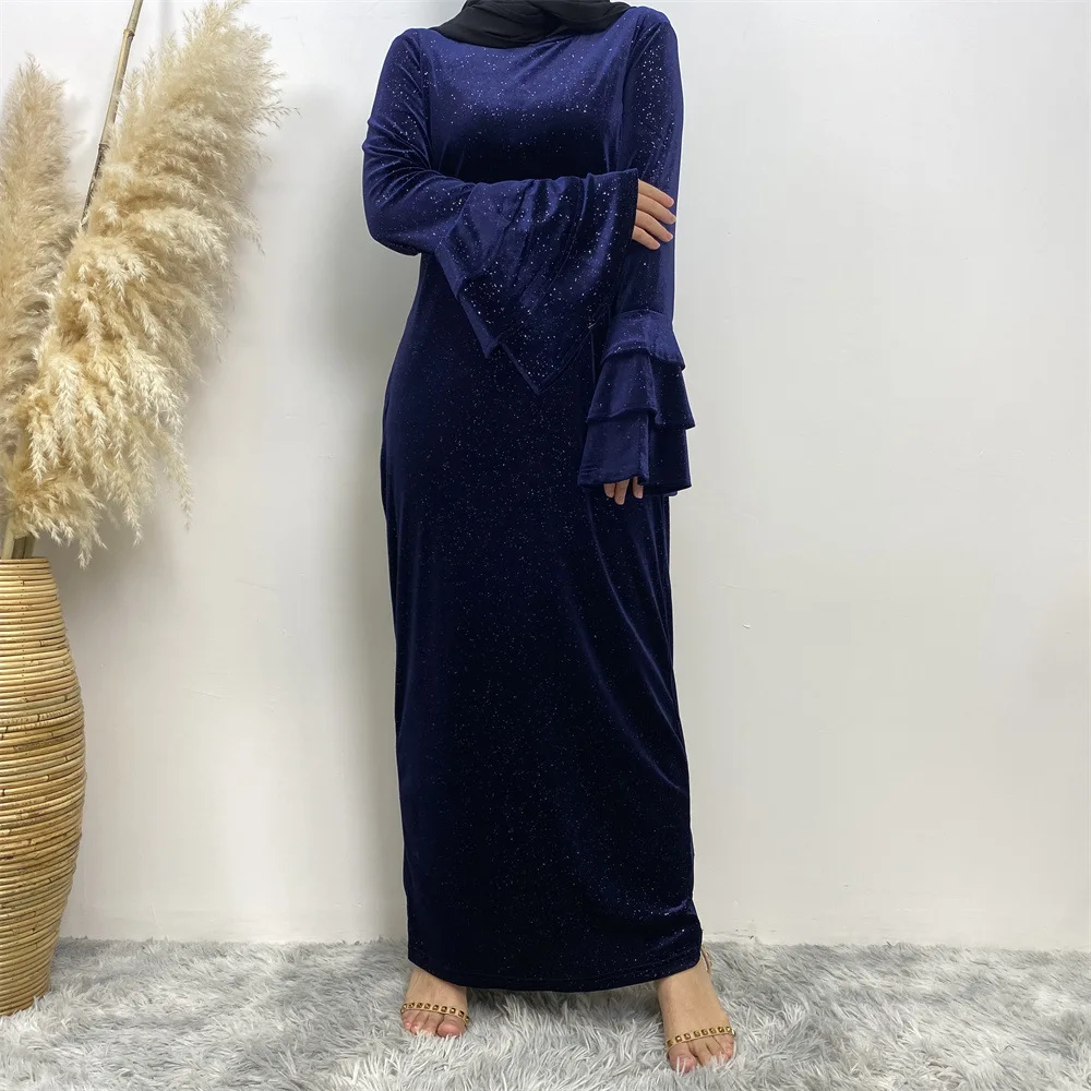 Hot Selling Velvet Flared Trumpet Sleeve Pure Color Shiny Muslim Party Dresses Simple And Elegant Thickened Glitter Abaya dubai