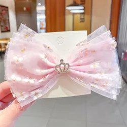 Spring Summer New Girls Cute Print Chiffon Big Bow Crown Hairpins Sweet Headband Hair Clips Barrettes Fashion Hair Accessories