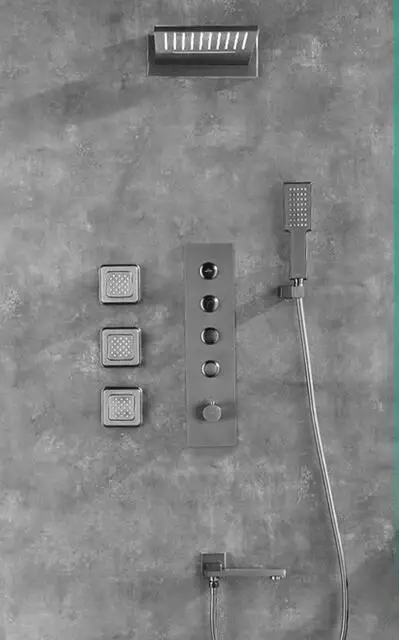 Large Flow Gun Gray Brushed Gold Rainfall Waterfall Shower Head 5 Way Thermostatic Shower System Shower Faucet Set with Body Jet