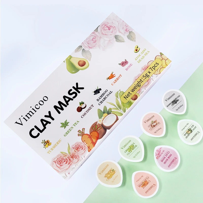 Private Label Organic Claymask Kit Turmeric Green Tea Pink Rose Avocado Carrot Face Mud Clay Mask Set Facial Mask