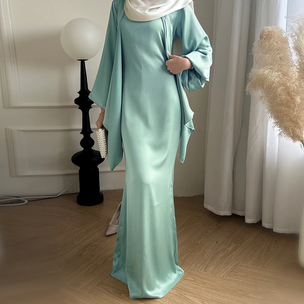 2024 Latest Islamic Muslim Women Dress Inner Slip dress 2 Piece Abaya Set Solid Color Satin Modest Muslim Women Dress