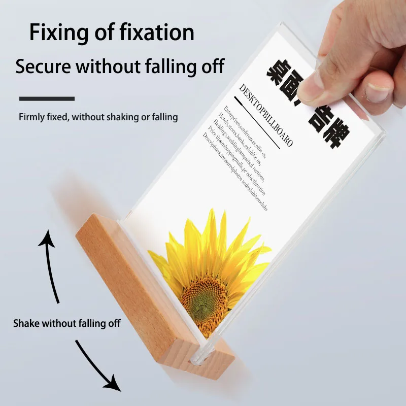 Custom Logo A4 A5 A6 Double Sided Clear Menu Stand Slanted Insert T Shape Acrylic Sign Holder With Wood Base