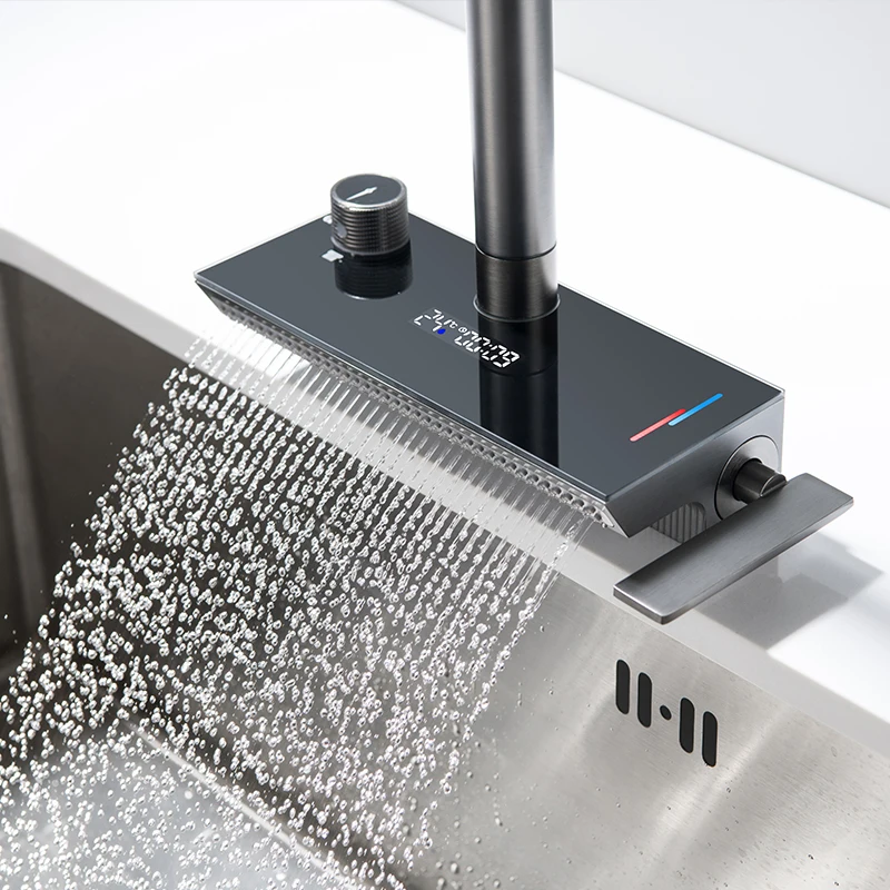 All-Copper Kitchen Faucet with Digital Display Flying Rain Waterfall Hot & Cold Pull Rotating Household Sink Kitchen Faucets