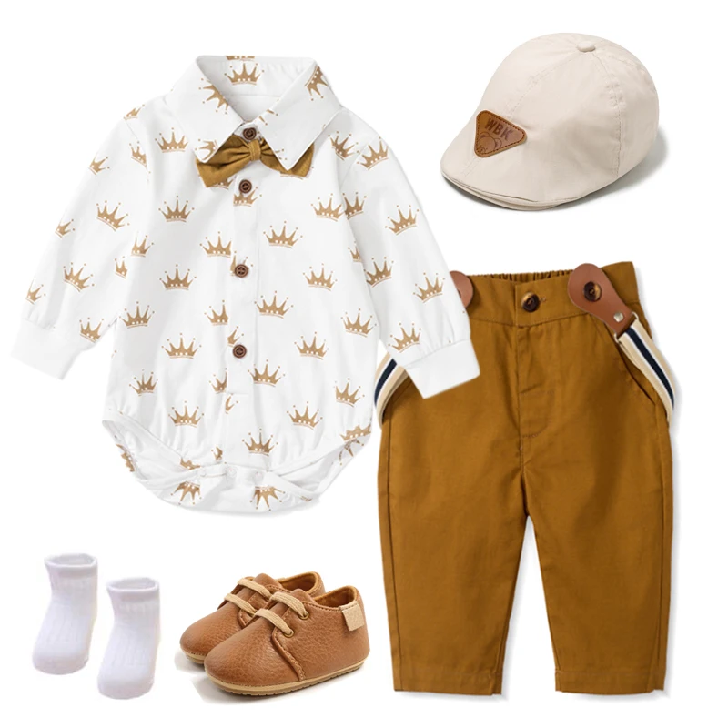 Custom OEM ODM Spring 2023 Baby Clothing Sets Print Shirt Baby Rompers Infant Baby Boy Outfit Clothes Suspenders Suit Hat Bow