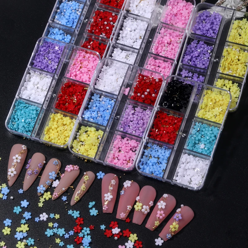 Hot sell mini resin five petal flower handmade nails small flower three-dimensional fingertip disc nail art nail art rhinestone