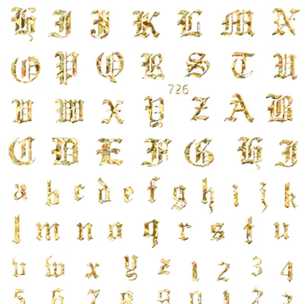 JOYFUL Best-selling new designer glitter gold metal laser font decals decorative Gothic alphabet nail stickers 726