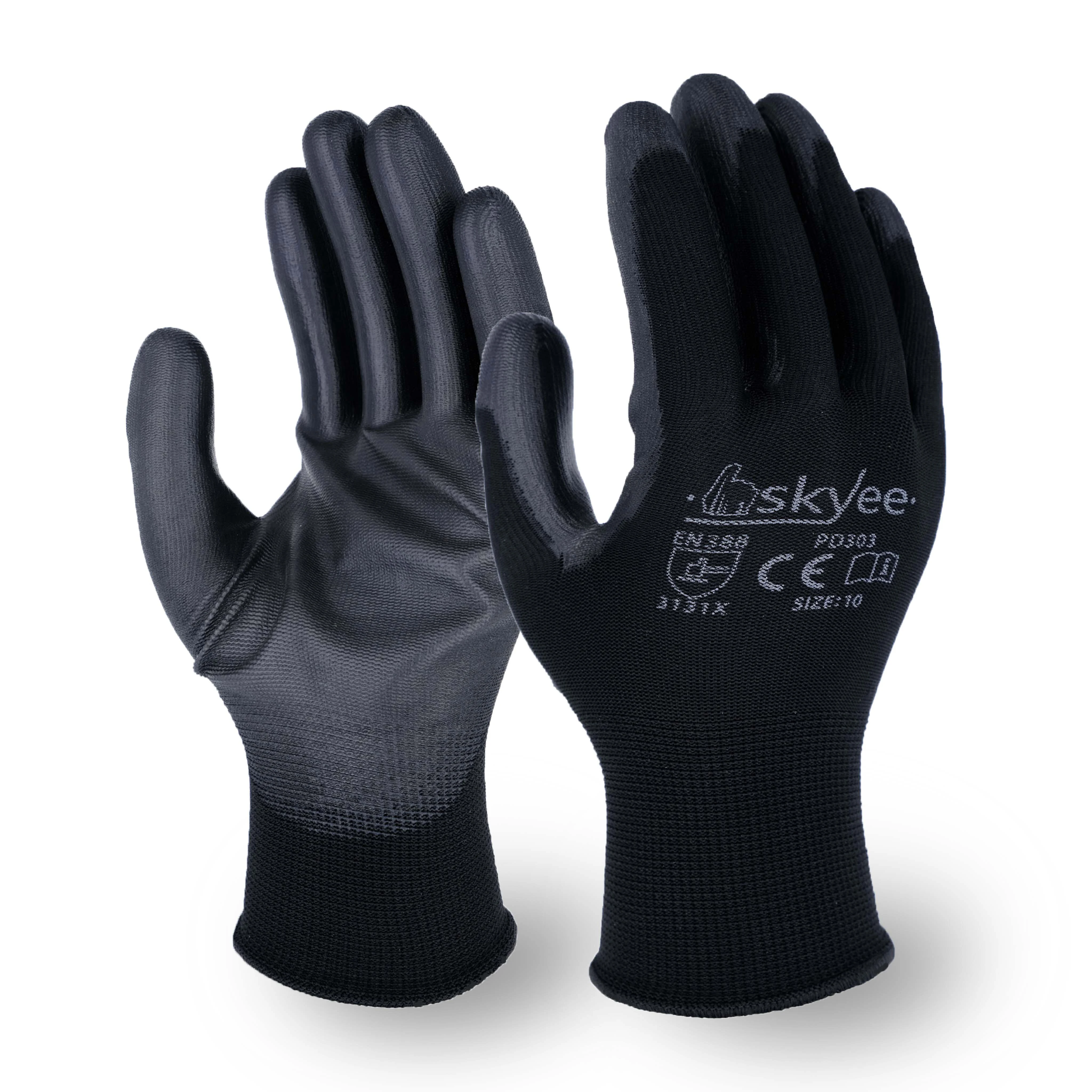 SKYEE general purpose black pu plam coated polyester cut resistant ansi 5 safety work garden gloves for construction cell