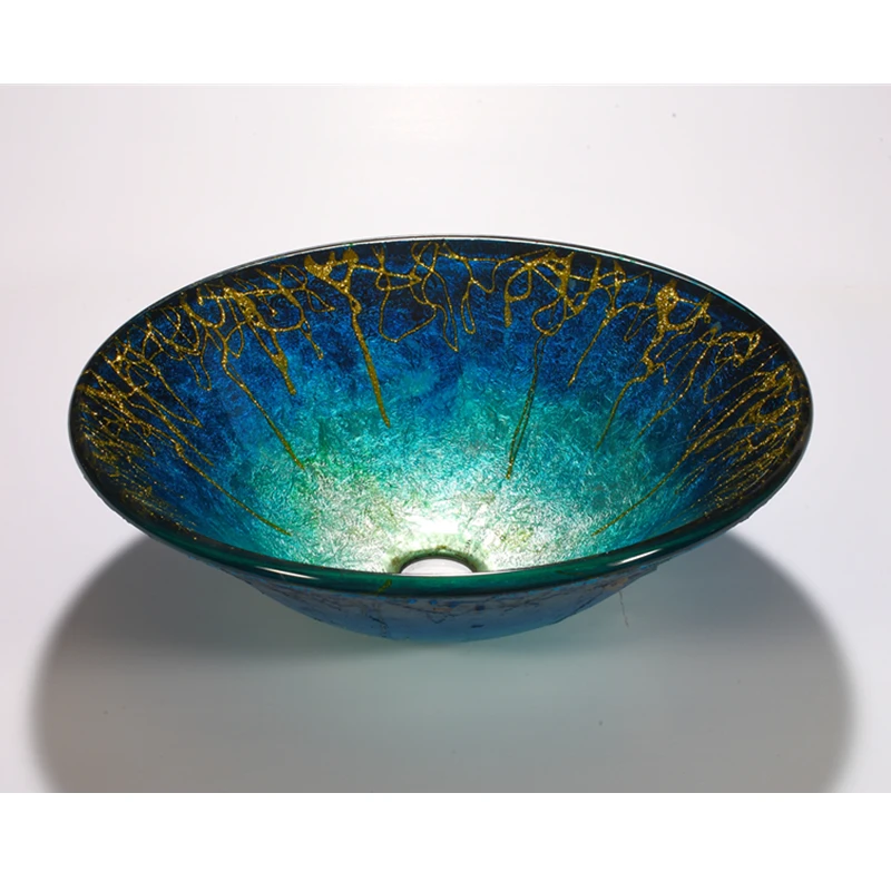 New Modern Design Black Gold Tree Art Series Glass Vanity Wash Basin