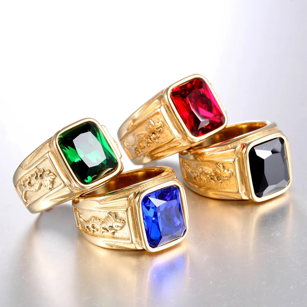 G3329 Wholesale Fashion Finger Ring Jewelry Stainless Steel Gold Plated Square Rhinestone Stone Black Ring For Men
