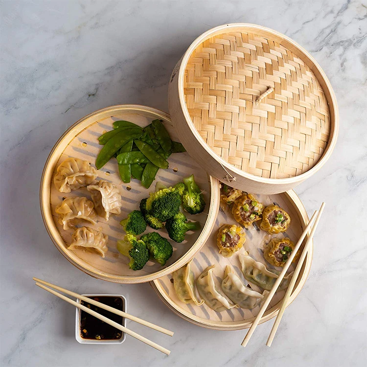 
Factory Direct Selling Custom Mini 2 Tier Bamboo Steamer Basket 10 Inch 