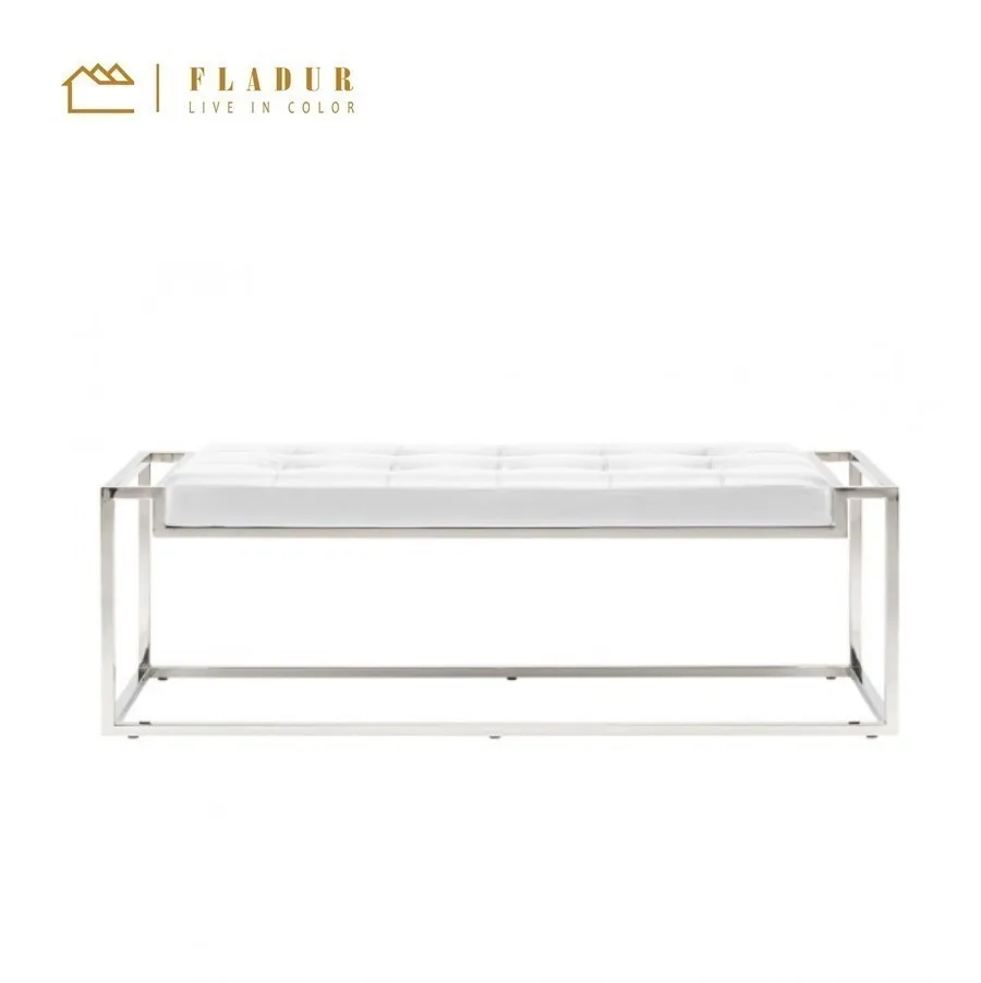 Brushed Gold Metal Frame White Faux Leather Tuffted Ottoman Bench for Lounge Bedroom Living Room