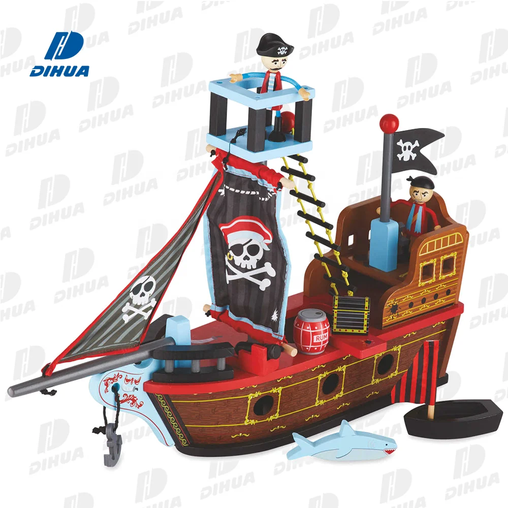 Pirate Play Theme Wooden Toy Boat Customizable Pirate Boat Toy with Figures Simulate Finding Treasures Pretend Role Play Toys
