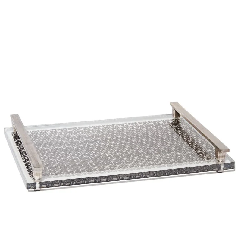 Acrylic Serving Tray Upscale Plexiglass Filigree Tray in Bright Brass with Metal Handles Tabletop Lucite Coffee Snacks Tray
