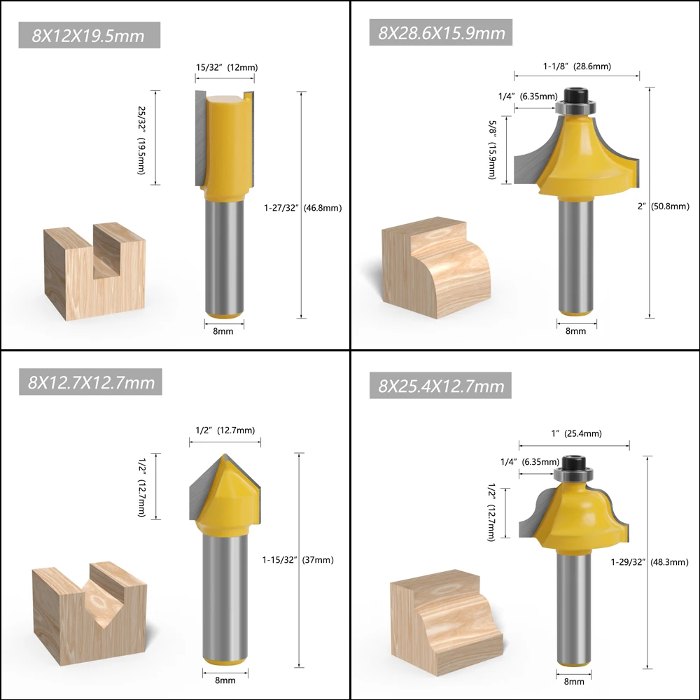 LAVIE 12pcs 6. 8.1/2.1/4 Shank Wood Packing  Router Bit Set Trimming Straight Milling Cutter For Wood Working Tungsten Carbide