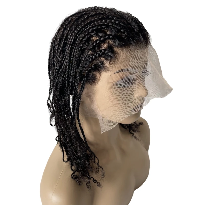 16 Inches Malaysian Virgin Human Hair Piece Natural Color 180% Density Box Braids Full Lace Wigs Male Unit for Black Woman.