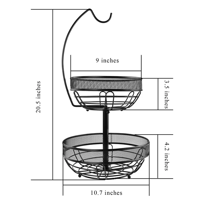 Custom 2-Tier Fruit and Vegetable Basket with Banana Hanger Kitchen Counter 2 layers Sturdy Metal Fruit Bowls