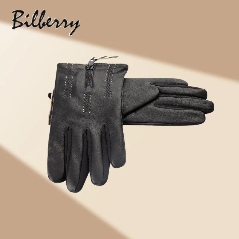 Cheap winter touch genuine sheepskin black leather gloves with zipper