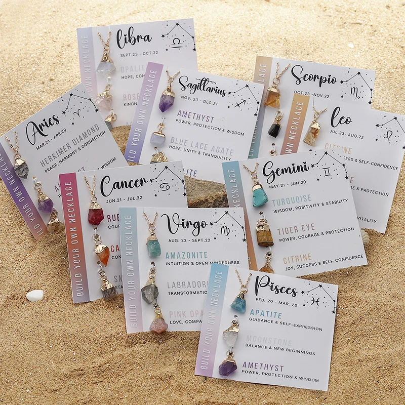 12 horoscope gift healing Crystal Set Necklace 18K gold stainless steel Dainty birthstone Aries Zodiac gemstone necklace