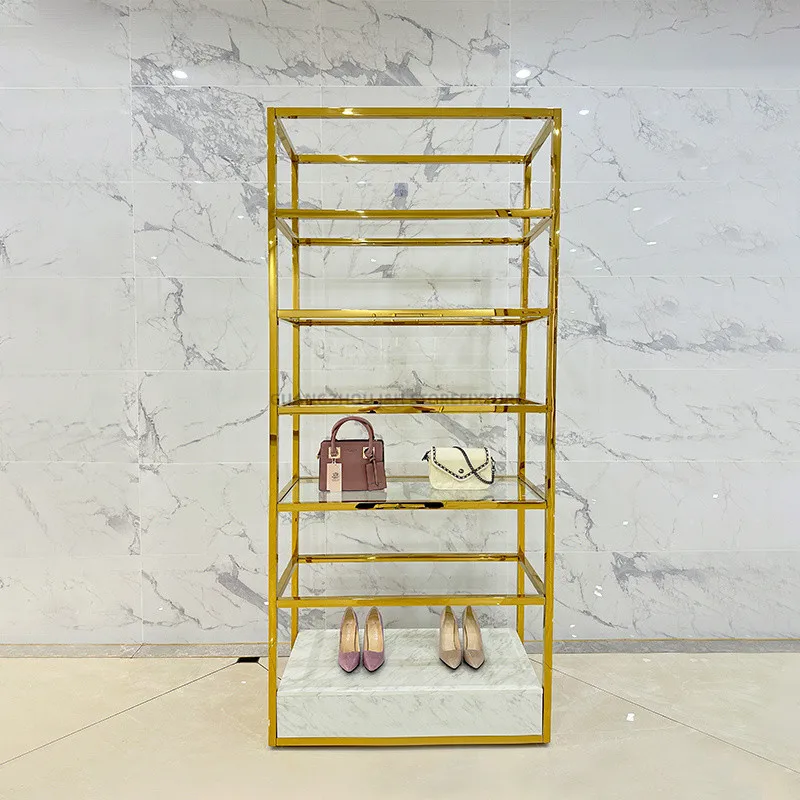 Factory wholesaler perfume display stand high end gold rack stand shelves glass acrylic cosmetic display clothes shop cabinet