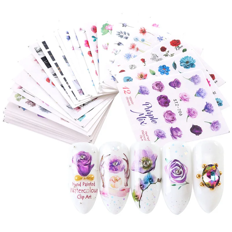 Popular Water Transfer Nail Self-Adhesive Slider Decals paste Butterfly Flowers Feathers Colorful Water Transfer Nail Stickers
