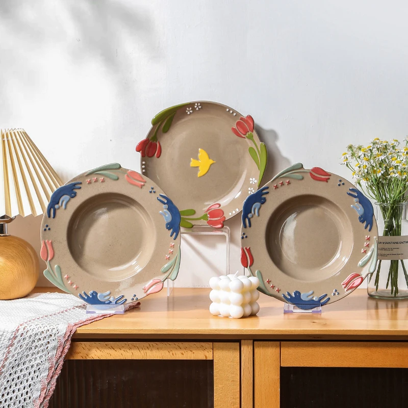 New design custom logo hotel catering tableware dishes embossed soup ceramic hand painted plates for restaurant
