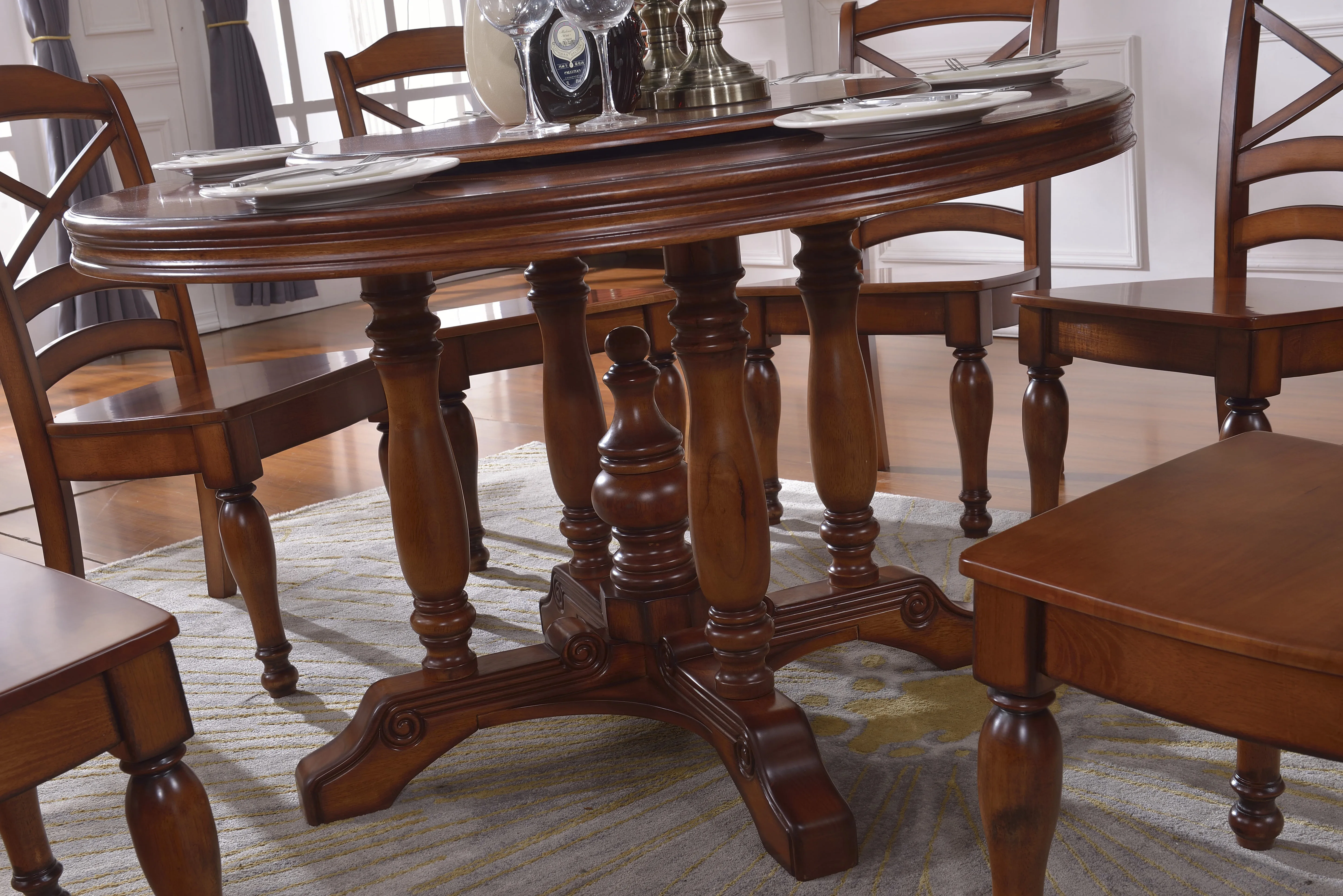 American Classical Style Luxury Wooden Round Rotatable Solid Wood  Dining Table Home Restaurant Furniture