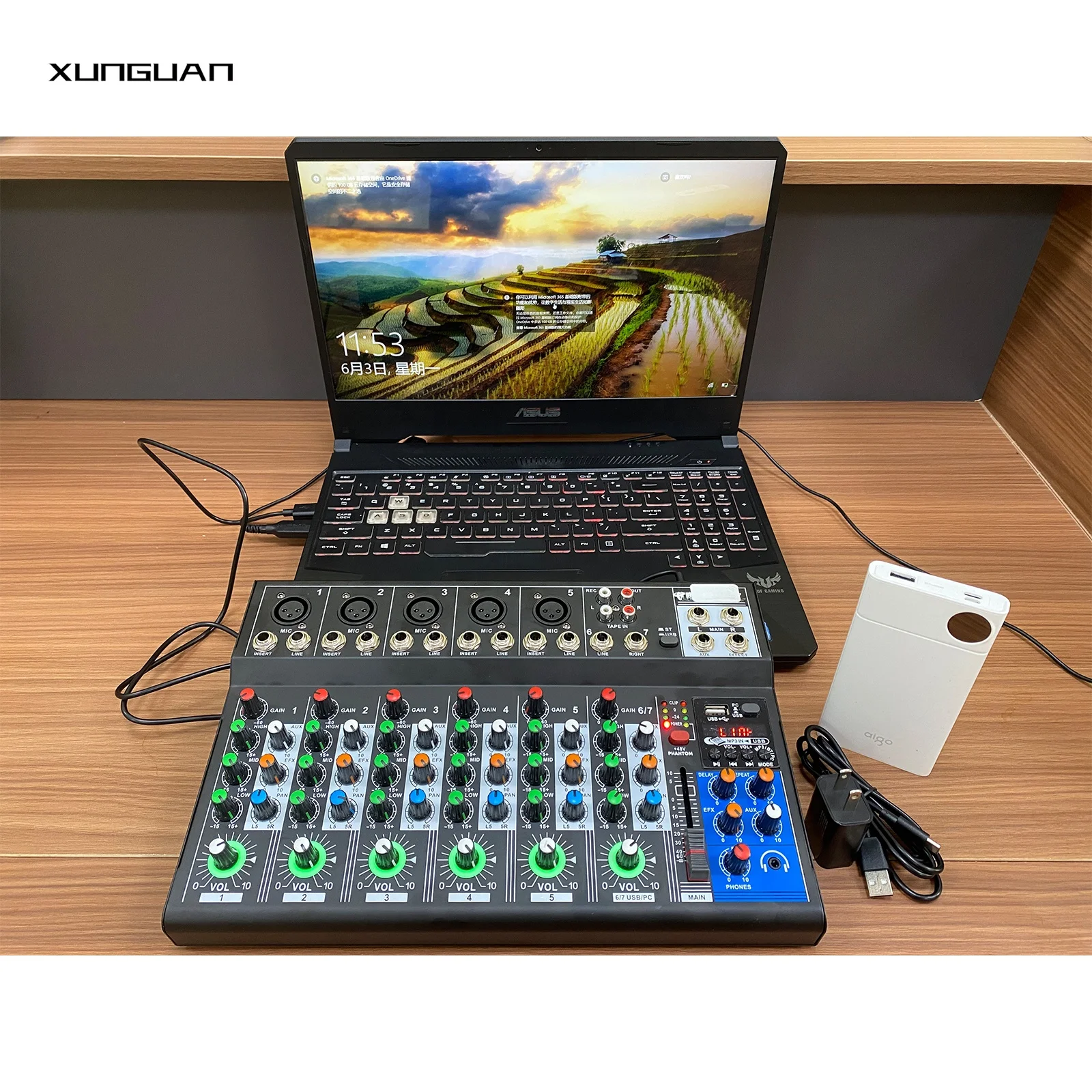 R7 Audio Mixer with Low Price 5 channels Mono/1 channel Stereo External Power Adapter(DC5V/2A)/1AUX/48V Phantom Power