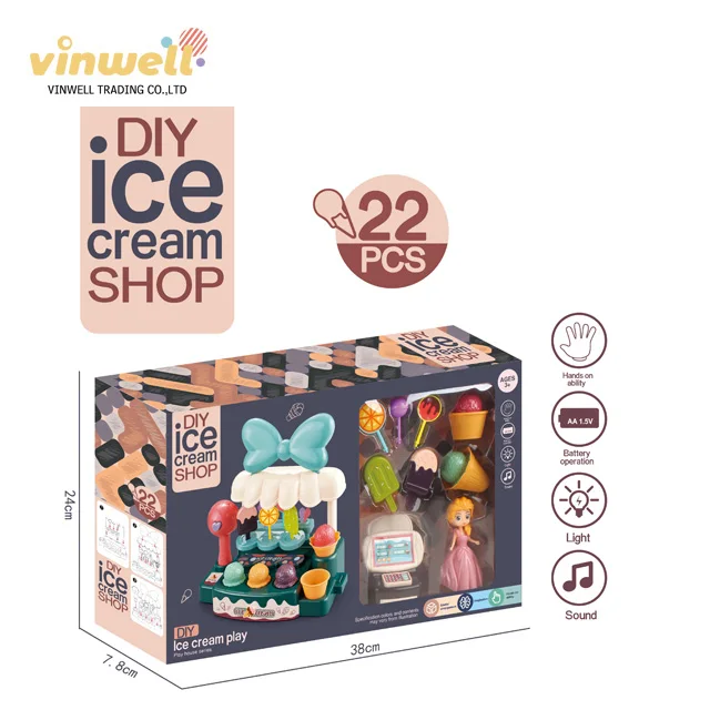 22PCS DIY Ice cream shop pretend play fashion Princess cash register sound&light supermarket toy set for girls