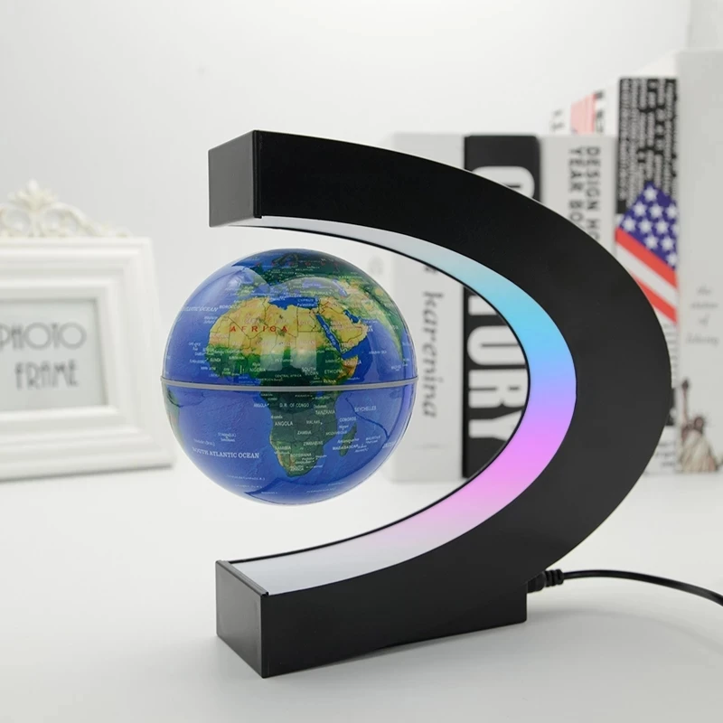 C Shape Magnetic Levitation Floating Globe Rotating With Light and World Map