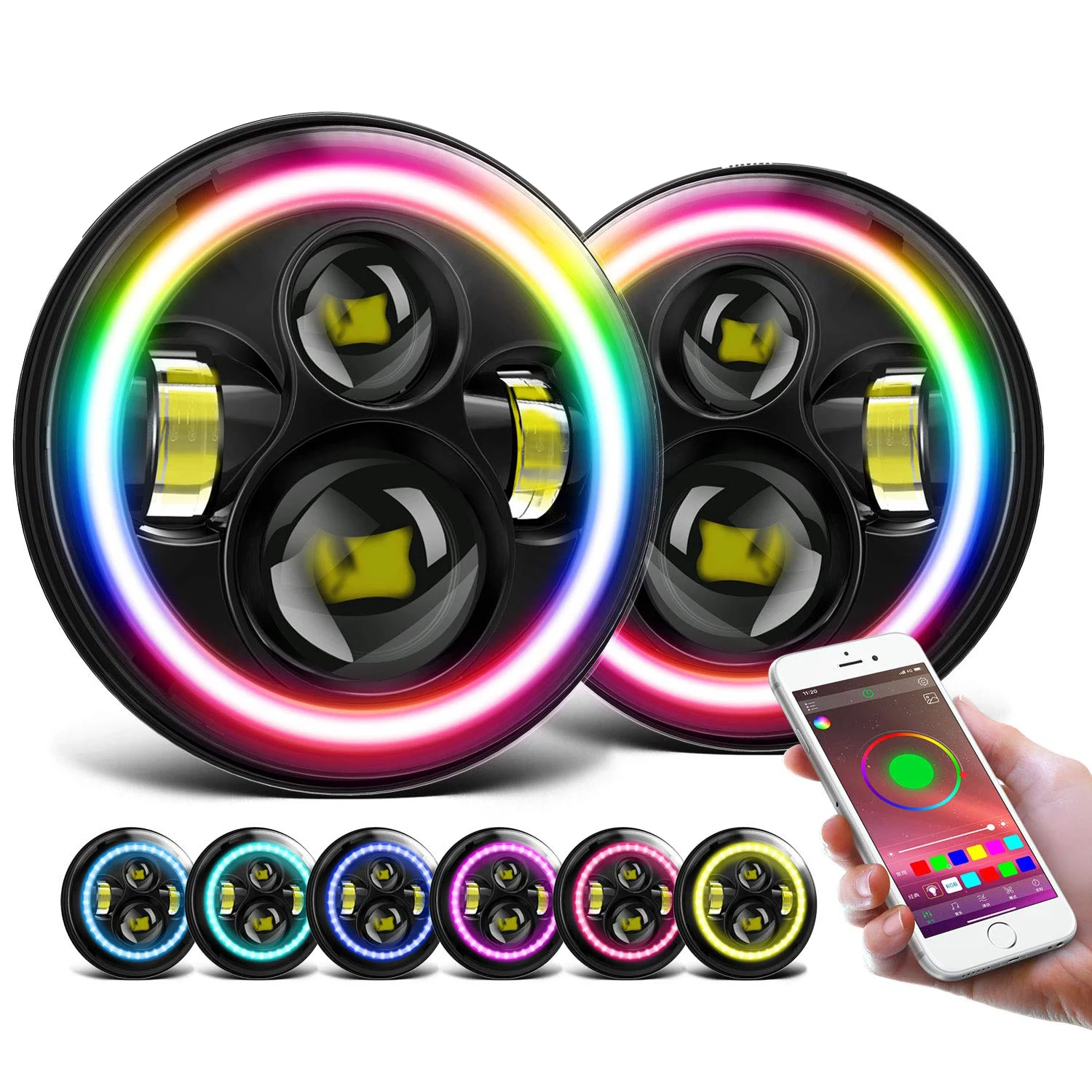 App Controlled Angel Eyes Halo Ring  RGB 7 Inch Round DRL LED Headlamp