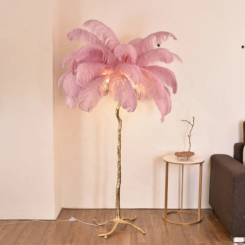 Dropshipping Modern Luxury Palm Tree Shape Copper Stand Ostrich Feather Floor Lamp for Home Decoration