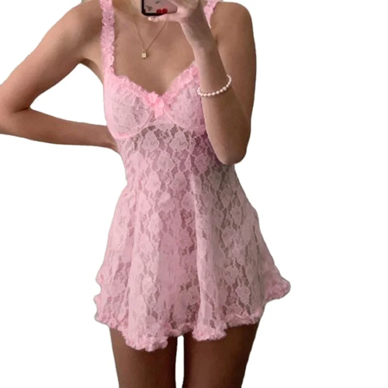 W2729 Women Sexy Lace Sling Dress Hot Sale Spring Summer Mesh Perspective Short Skirt Pajama Dress