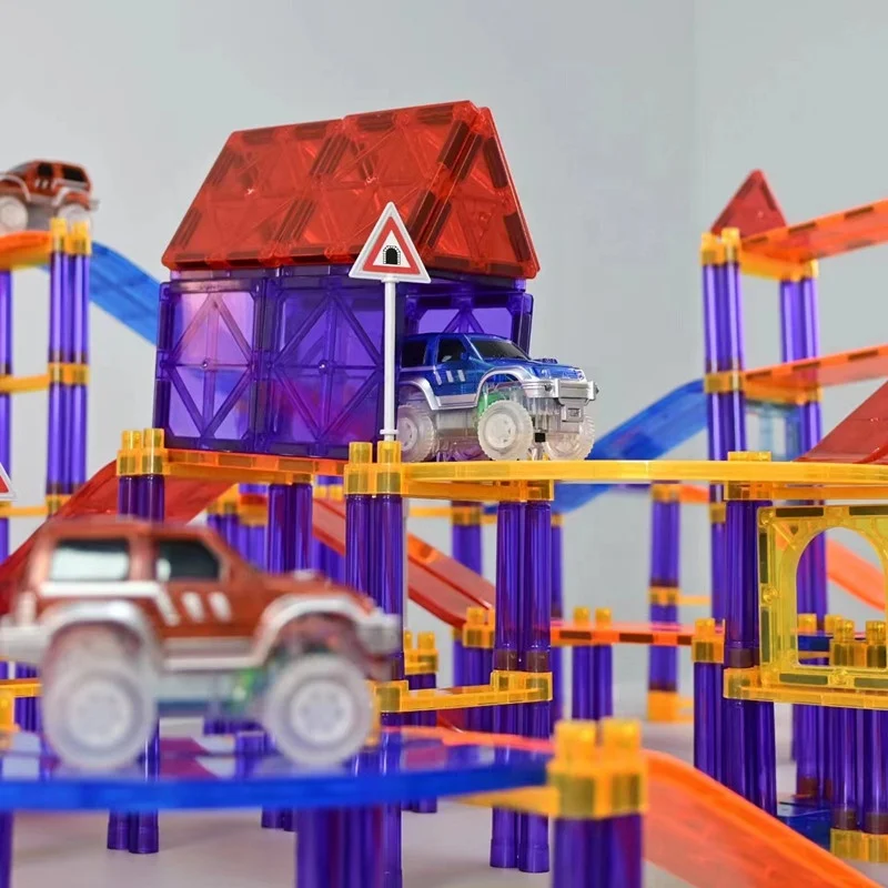 121pcs Race Car Track Building Block Set Magnetic Tiles Magnet Light Up Car STEM Learning Construction Kit