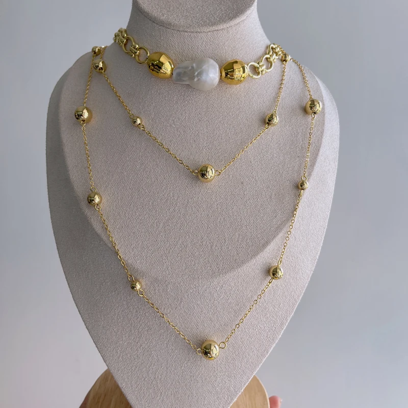 Fashion Elegant Freshwater Pearl Necklace Gold Plated Brass Round Bead Chain Long Necklaces Jewelry