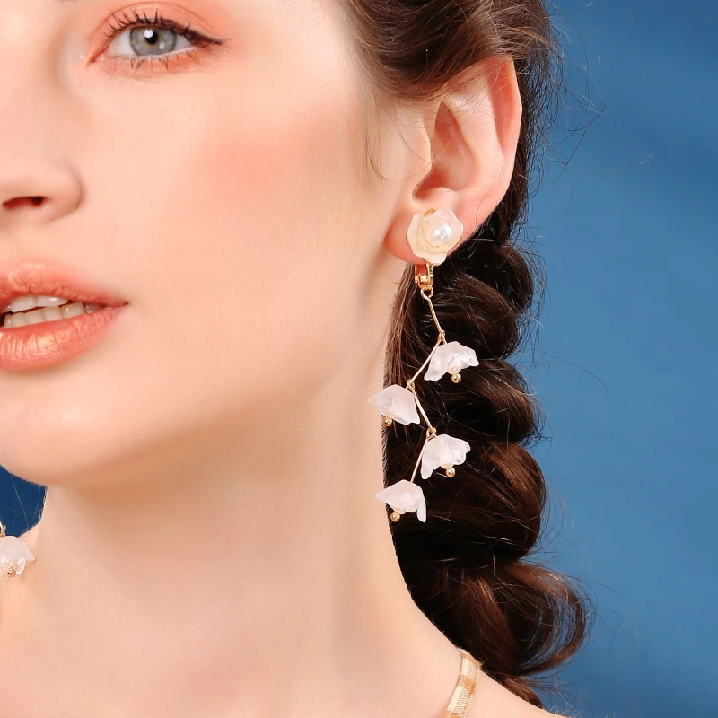 Long Liquid Chandelier Tassel Dangle Flower Earring Clip On Non Piercing Statement Earrings