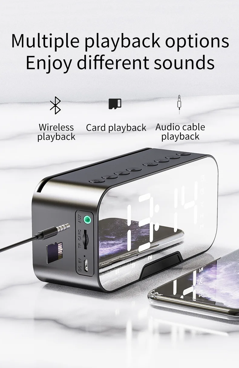 Wireless Mirror Speaker Super Bass Wireless Stereo Speakers Support TF Alarm Clock For Phone Computer