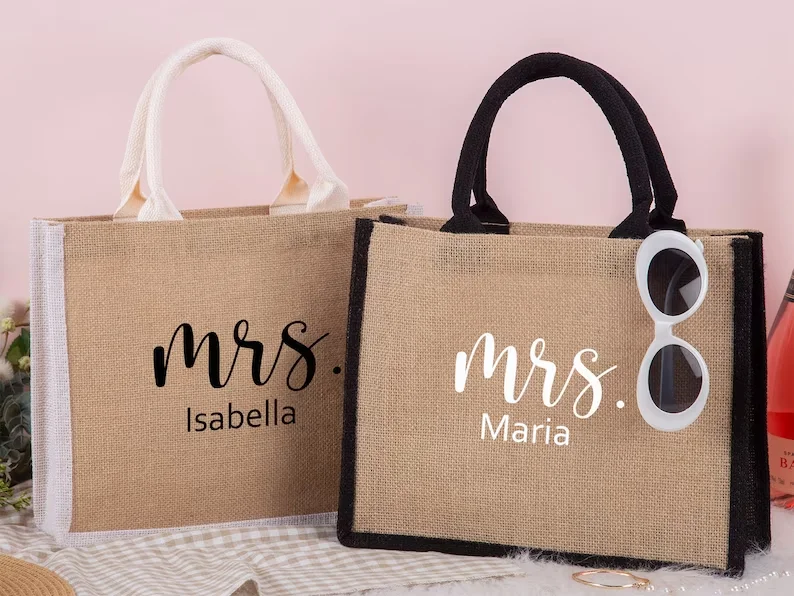 Custom Coated Linen Shopping Bag custom logo jute large capacity DIY tote bag eco-friendly material With Black sides