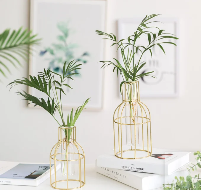 Лидер продаж, ваза из металла и стекла в полоску из розового золота, декоративные вазы для растений huose