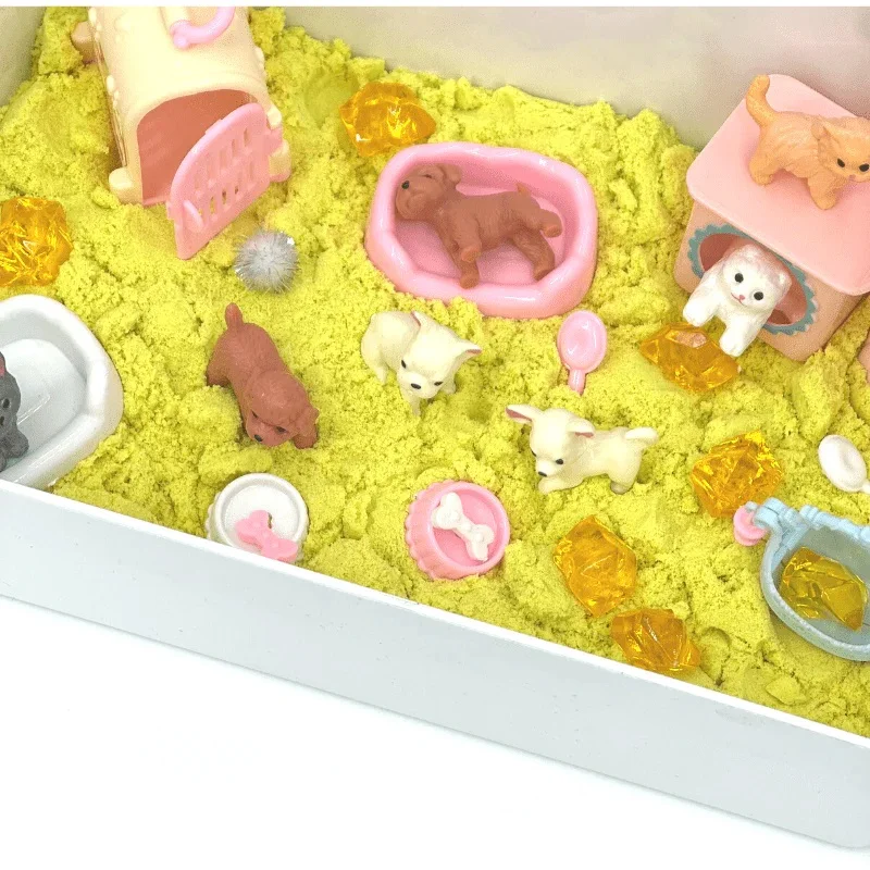 Perfect Kraft Sensory Sand Bin- Pet Playdate with Air Dry Light Clay Theme Animal Model DIY Educational Toy for Kids