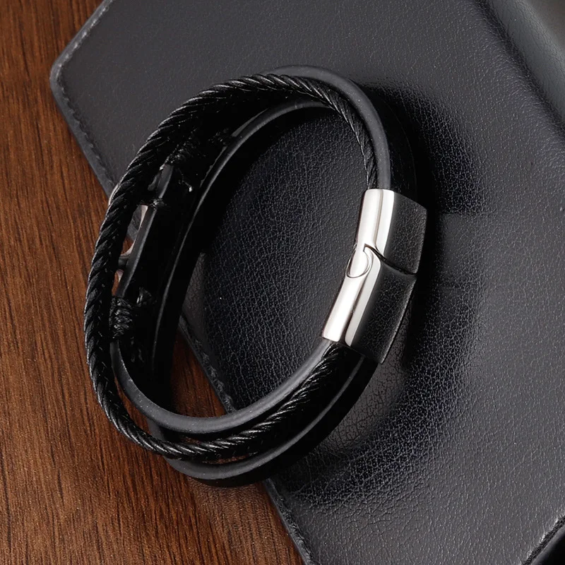 Best Selling Punk Jewelry Bracelet Stainless Steel Anchor Magnetic Clasp Handmade Real Genuine Leather Bracelet Men