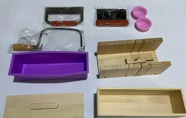 Soap Loaf Making Cutting Molds Kit with Silicone Mold + Wood Box + Wooden Cutter Mold + Straight Wavy Stainless Steel Cutters