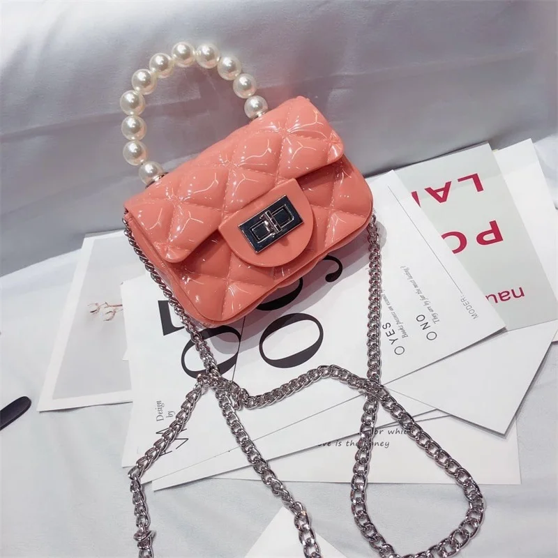 
Cowinner New Portable PVC Jelly Bag For Girl Mini Handbag Shoulder Messenger Pearl Crossbody Rhombus Small Square Bag With Chain 