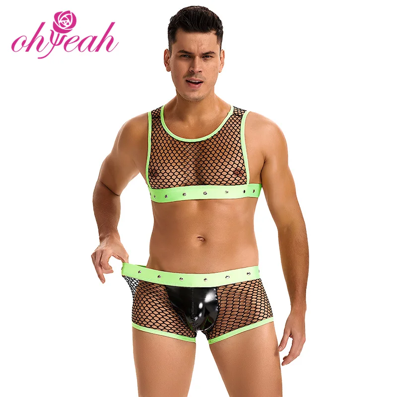 New arrival fashion mens lingerie fishnet cropped tank top briefs rivet adult dance costume shorts sexy outfit lingerie for men