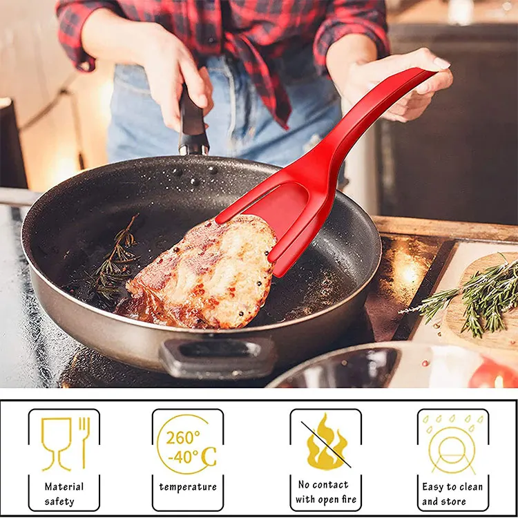 OEM&ODM New Product 30.5*8.5cm 2 in 1 Heat-Resisting Food Grade Silicone Fried Egg Steak Pizza Grip Flip Tong Silicone Spatula