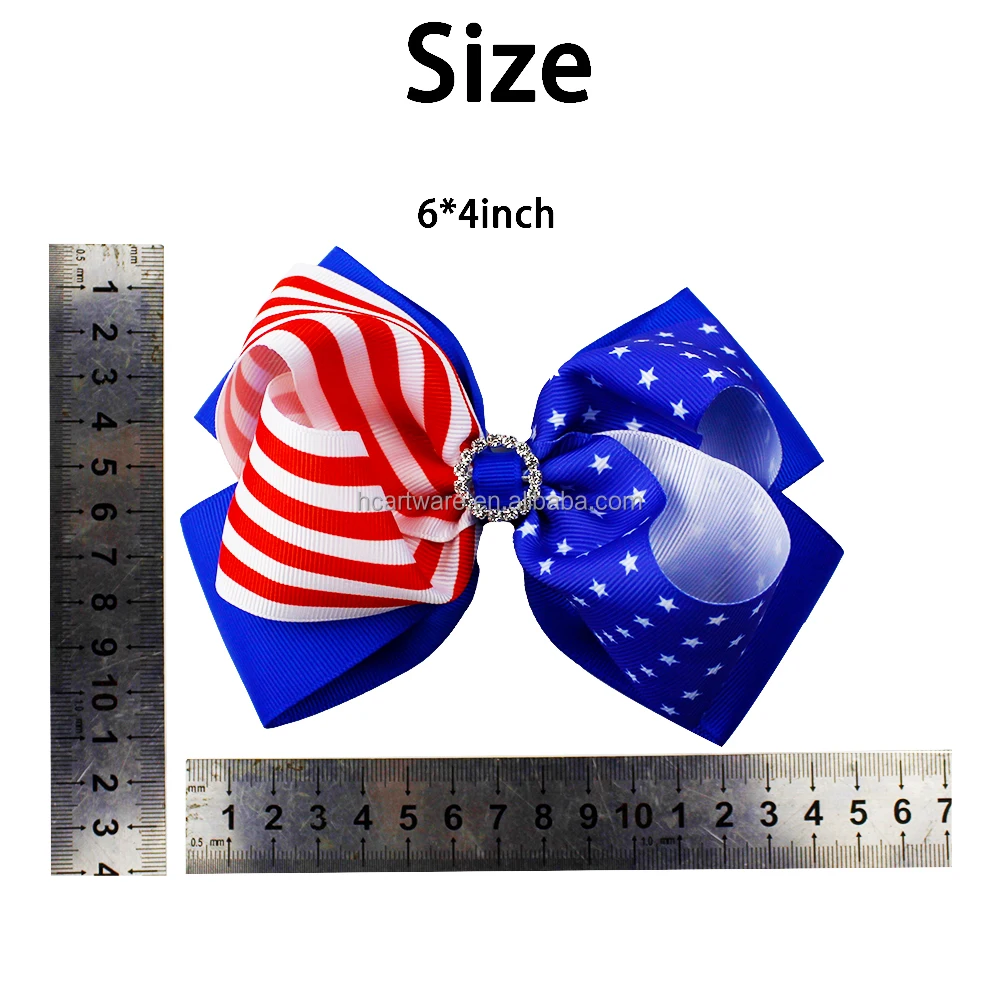 New Hot Sale 6-Inch Double Ribbon Hair Bow July 4 Independence Day Bow Hairpin For Girls With Premium Rhinestones