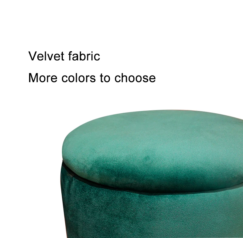 Living Room Modern Upholstered Comfortable Soft Stool Home Furniture Metal Base Round Gray Velvet Storage Ottoman