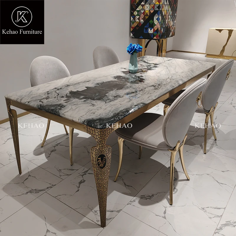 Luxury Unique Design Stainless Steel Dining Tables And Chairs Marble Rectangular Modern Dining Table Set