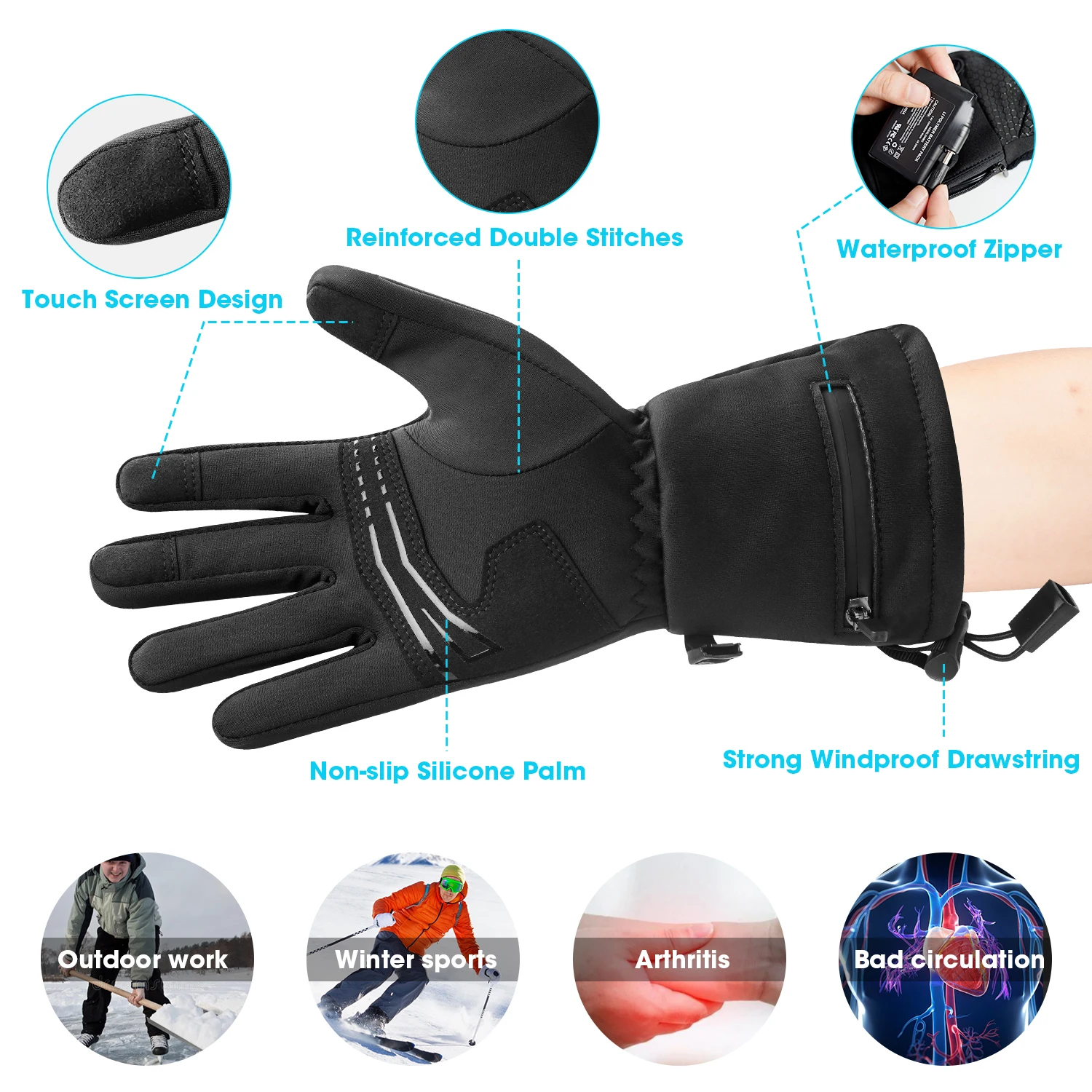 Custom Waterproof Thermal Winter Rechargeable Battery Heating Glove Touch Screen Other Sports Racing Electric Heated Ski Gloves